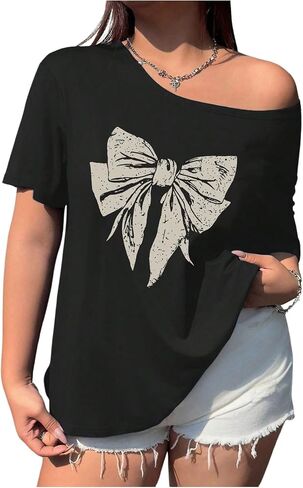 Women's Plus Size Off The Shoulder Tops Short Sleeve Bow Graphic T Shirt Summer Y2k Tops Trendy in Saudi Arabia