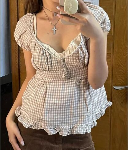النساء y2k الجنية الجرونج تي شيرت الدانتيل تقليم الأكمام قصيرة المحصول العلوي كشكش babydoll أعلى جمالية الخروج من الأعلى in Kuwait