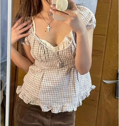 النساء y2k الجنية الجرونج تي شيرت الدانتيل تقليم الأكمام قصيرة المحصول العلوي كشكش babydoll أعلى جمالية الخروج من الأعلى in Kuwait