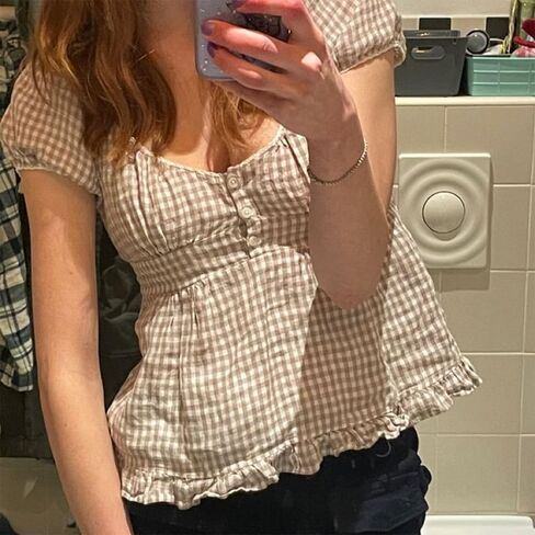 النساء y2k الجنية الجرونج تي شيرت الدانتيل تقليم الأكمام قصيرة المحصول العلوي كشكش babydoll أعلى جمالية الخروج من الأعلى in Kuwait