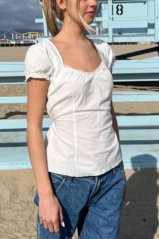 النساء y2k الجنية الجرونج تي شيرت الدانتيل تقليم الأكمام قصيرة المحصول العلوي كشكش babydoll أعلى جمالية الخروج من الأعلى in Kuwait