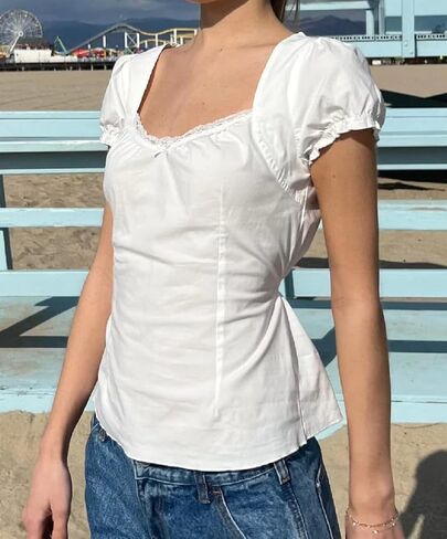 النساء y2k الجنية الجرونج تي شيرت الدانتيل تقليم الأكمام قصيرة المحصول العلوي كشكش babydoll أعلى جمالية الخروج من الأعلى in Kuwait