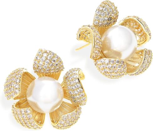 Sonateomber Pearl CZ Snowflake Knot Stud Earrings for Women, Statement Cluster Rhinestone Cubic Zirconia Pearls Sunshine Hypoallergenic Studs Prom Wedding Holiday Fashion Jewelry Gift in Saudi Arabia