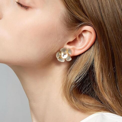 Sonateomber Pearl CZ Snowflake Knot Stud Earrings for Women, Statement Cluster Rhinestone Cubic Zirconia Pearls Sunshine Hypoallergenic Studs Prom Wedding Holiday Fashion Jewelry Gift in Saudi Arabia