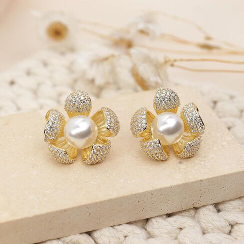 Sonateomber Pearl CZ Snowflake Knot Stud Earrings for Women, Statement Cluster Rhinestone Cubic Zirconia Pearls Sunshine Hypoallergenic Studs Prom Wedding Holiday Fashion Jewelry Gift in Saudi Arabia
