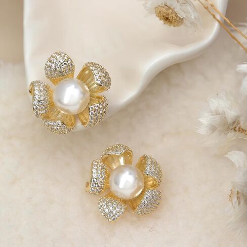 Sonateomber Pearl CZ Snowflake Knot Stud Earrings for Women, Statement Cluster Rhinestone Cubic Zirconia Pearls Sunshine Hypoallergenic Studs Prom Wedding Holiday Fashion Jewelry Gift in Saudi Arabia