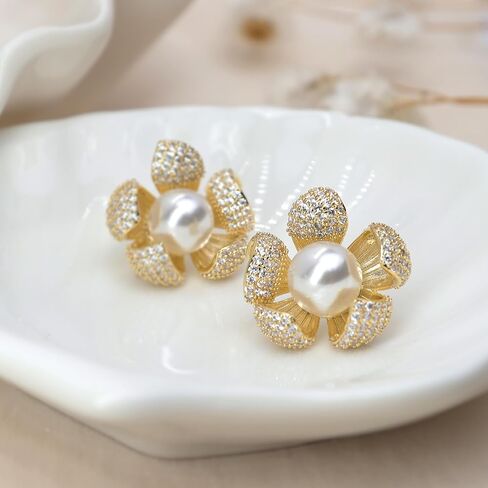 Sonateomber Pearl CZ Snowflake Knot Stud Earrings for Women, Statement Cluster Rhinestone Cubic Zirconia Pearls Sunshine Hypoallergenic Studs Prom Wedding Holiday Fashion Jewelry Gift in Saudi Arabia