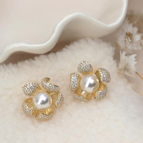 Sonateomber Pearl CZ Snowflake Knot Stud Earrings for Women, Statement Cluster Rhinestone Cubic Zirconia Pearls Sunshine Hypoallergenic Studs Prom Wedding Holiday Fashion Jewelry Gift in Saudi Arabia