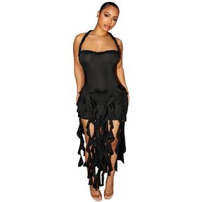 Women’s Sexy Halter Fringe Ruffle Hem Mini Dress Backless Bodycon Short Dress Frills Tassel Party Club Dress in Saudi Arabia