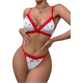 SHENHE Women's 2 Piece Lingerie Set Lace Trim Bow Triangle Bra and Panty Thong Set in Saudi Arabia