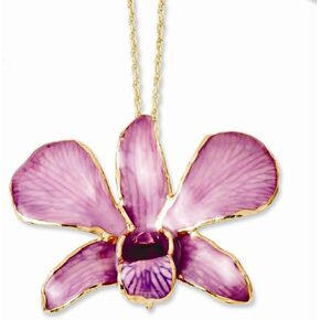 Solid Lacquer Dipped Gold Trimmed Hot Lavender Dendrobium Orchid Pendant Necklace Charm Chain 20" in Saudi Arabia