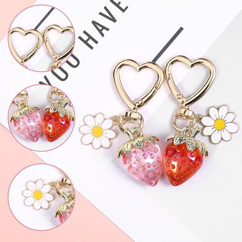 2 PCS Cute Strawberry Keychain, Keychain Accessories for Women, Purse Charms Strawberry Decor With Daisy Bag Charms for Handbags Backpack Key Chains in Saudi Arabia