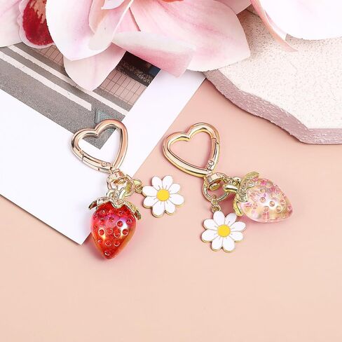 2 PCS Cute Strawberry Keychain, Keychain Accessories for Women, Purse Charms Strawberry Decor With Daisy Bag Charms for Handbags Backpack Key Chains in Saudi Arabia