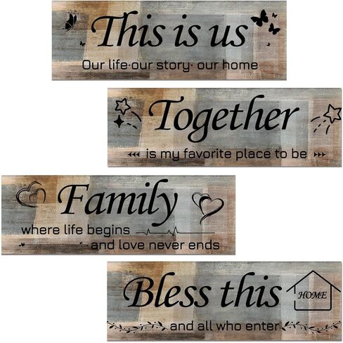 Lnond Wall Art لغرفة المعيشة ، أصفر ورمادي 4 قطع هذا هو ديكور جدار العائلة الأمريكي لغرفة المعيشة غرفة النوم ، ديكور منزل ريفي ريفي ، 12 × 4 بوصة in Kuwait