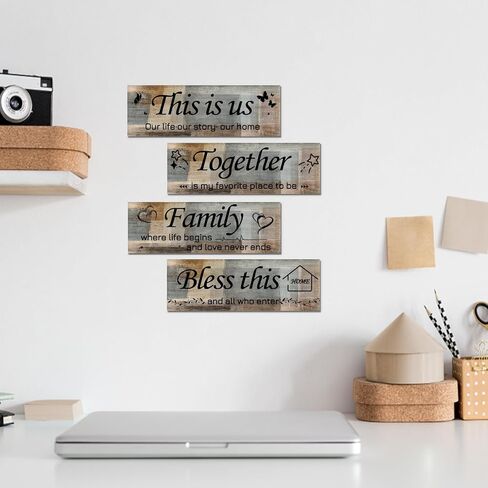 Lnond Wall Art لغرفة المعيشة ، أصفر ورمادي 4 قطع هذا هو ديكور جدار العائلة الأمريكي لغرفة المعيشة غرفة النوم ، ديكور منزل ريفي ريفي ، 12 × 4 بوصة in Kuwait