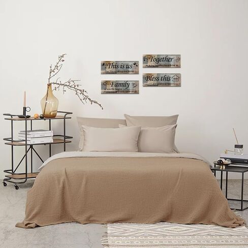 Lnond Wall Art لغرفة المعيشة ، أصفر ورمادي 4 قطع هذا هو ديكور جدار العائلة الأمريكي لغرفة المعيشة غرفة النوم ، ديكور منزل ريفي ريفي ، 12 × 4 بوصة in Kuwait
