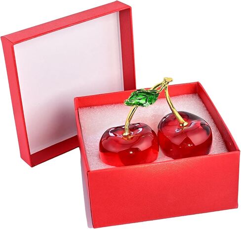 Double Crystal Cherry Figurine-Sparkling Glass Fruit Paperweight & Tabletop Decor-Elegant Home Office Centerpiece for Kitchen, Living Room, Wedding&Christmas Gift (Red Collectible Ornaments in Saudi Arabia