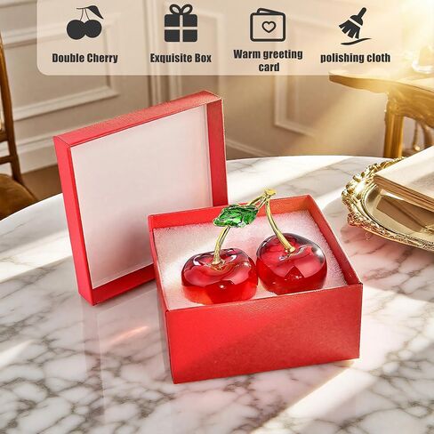 Double Crystal Cherry Figurine-Sparkling Glass Fruit Paperweight & Tabletop Decor-Elegant Home Office Centerpiece for Kitchen, Living Room, Wedding&Christmas Gift (Red Collectible Ornaments in Saudi Arabia