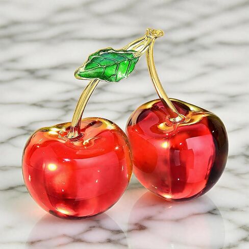 Double Crystal Cherry Figurine-Sparkling Glass Fruit Paperweight & Tabletop Decor-Elegant Home Office Centerpiece for Kitchen, Living Room, Wedding&Christmas Gift (Red Collectible Ornaments in Saudi Arabia