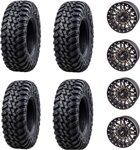 أربعة 32x10-14 Tusk Terrabite 8 -ply الإطارات UTV شعاعي مثبت على Tusk Teton Beadlock Wheels - Polaris UTVS - 4/156 BOLT PORTORT - يشمل صواميل العروة (4+3 إزاحة العجلة ، Machined) in Kuwait