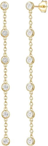 Diamond Linear Drop Earrings, 6 Natural Round Diamonds Per Dangle Earring, Bezel Set Diamonds, 14K Rose Gold-plated Sterling Silver/14K Gold-plated Sterling Silver/Sterling Silver (1/10 cttw) in Kuwait