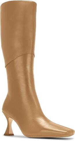 Coutgo Womens Kitten Heel Knee High Boots Wide Calf Square Toe Leather Boot Shoes with Zipper, Light Khaki, Size 11 in Saudi Arabia