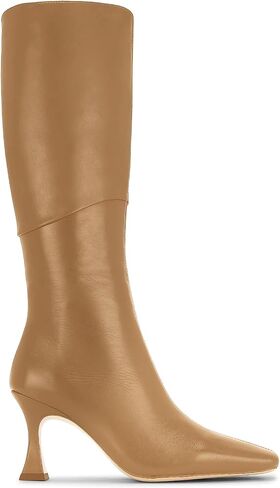 Coutgo Womens Kitten Heel Knee High Boots Wide Calf Square Toe Leather Boot Shoes with Zipper, Light Khaki, Size 11 in Saudi Arabia