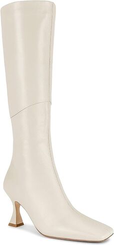 Coutgo Womens Kitten Heel Knee High Boots Wide Calf Square Toe Leather Boot Shoes with Zipper, Light Khaki, Size 11 in Saudi Arabia