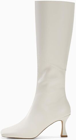Coutgo Womens Kitten Heel Knee High Boots Wide Calf Square Toe Leather Boot Shoes with Zipper, Light Khaki, Size 11 in Saudi Arabia