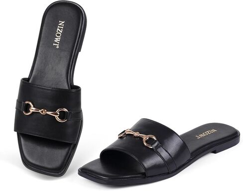 Women's Flat Sandals Dressy Slides | Elegant, Square Toe, Slip On, Soft Comfortable Leather, Memory Foam Padd Insole, Summer Slide Sandals for 2026 Summer Beach in Saudi Arabia