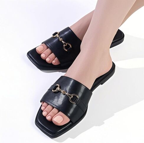 Women's Flat Sandals Dressy Slides | Elegant, Square Toe, Slip On, Soft Comfortable Leather, Memory Foam Padd Insole, Summer Slide Sandals for 2026 Summer Beach in Saudi Arabia