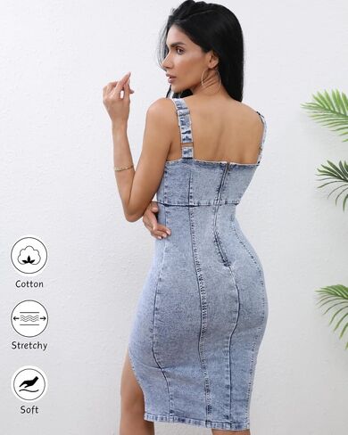 Women's Denim Dress Sleeveless Side Slit Bodycon Midi Jean Dress Stretchy Sexy V Neck Summer Dresses for Women 2025 in Saudi Arabia