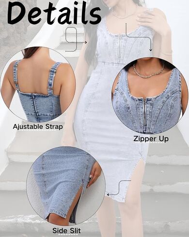 Women's Denim Dress Sleeveless Side Slit Bodycon Midi Jean Dress Stretchy Sexy V Neck Summer Dresses for Women 2025 in Saudi Arabia