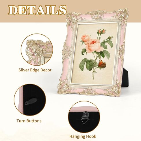 EXYGLO 5x7 Vintage Resin Picture Frame, 5 by 7 Pink Ornate Antique Frame with Gold Trim, Retro Frame for Desktop or Wall Display, Horizontal/Vertical in Saudi Arabia