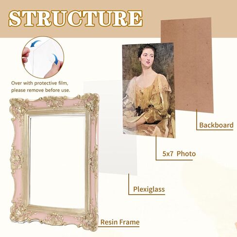 EXYGLO 5x7 Vintage Resin Picture Frame, 5 by 7 Pink Ornate Antique Frame with Gold Trim, Retro Frame for Desktop or Wall Display, Horizontal/Vertical in Saudi Arabia
