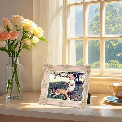 EXYGLO 5x7 Vintage Resin Picture Frame, 5 by 7 Pink Ornate Antique Frame with Gold Trim, Retro Frame for Desktop or Wall Display, Horizontal/Vertical in Saudi Arabia
