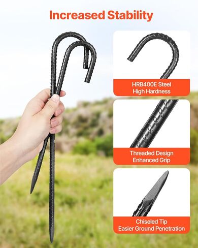 VEVOR Rebar Stakes, 12-Inch, Heavy-Duty 0.4 in Diameter J Hook, Galvanized Steel Ground Anchors with Chisel Point End & Rust-Resistant Coating, for Gardening Support, Fence, Camping Tents (16-Pack) in Saudi Arabia