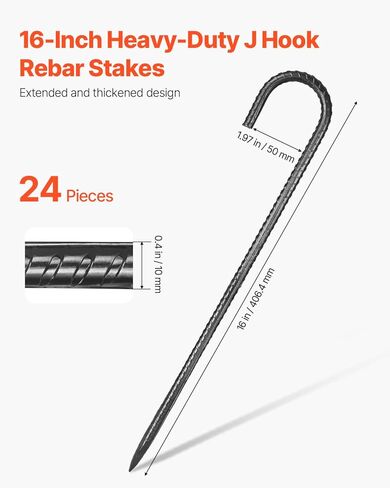 VEVOR Rebar Stakes, 12-Inch, Heavy-Duty 0.4 in Diameter J Hook, Galvanized Steel Ground Anchors with Chisel Point End & Rust-Resistant Coating, for Gardening Support, Fence, Camping Tents (16-Pack) in Saudi Arabia