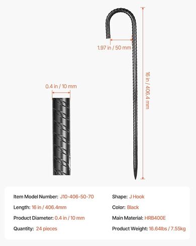 VEVOR Rebar Stakes, 12-Inch, Heavy-Duty 0.4 in Diameter J Hook, Galvanized Steel Ground Anchors with Chisel Point End & Rust-Resistant Coating, for Gardening Support, Fence, Camping Tents (16-Pack) in Saudi Arabia