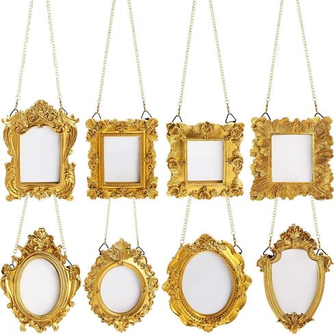 Chunful 8 Pcs Vintage Small Gold Resin Picture Frame Mini Antique Photo Frame Tiny Vintage Baroque Resin Oval Rectangle Hanging Ornament with Back and Chain for Home Wedding Holiday Decor in Saudi Arabia