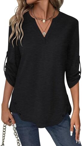 Minetom Women's Rolled Up 3/4 Sleeve Tops V Neck T Shirts Button Side Blouses in Saudi Arabia