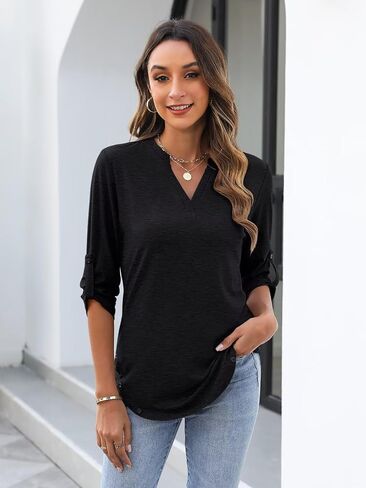 Minetom Women's Rolled Up 3/4 Sleeve Tops V Neck T Shirts Button Side Blouses in Saudi Arabia