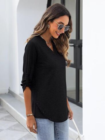 Minetom Women's Rolled Up 3/4 Sleeve Tops V Neck T Shirts Button Side Blouses in Saudi Arabia