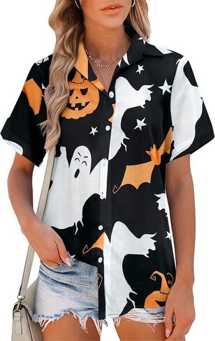 Women Halloween Hawaiian Shirt Skull Floral Ghosts Print Button Down Shirts Holiday Short Sleeve Tops in Saudi Arabia