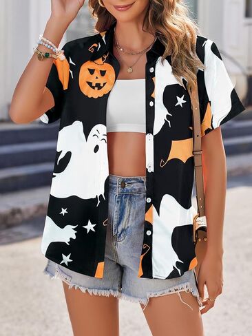 Women Halloween Hawaiian Shirt Skull Floral Ghosts Print Button Down Shirts Holiday Short Sleeve Tops in Saudi Arabia