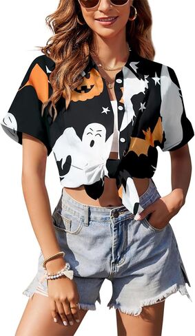 Women Halloween Hawaiian Shirt Skull Floral Ghosts Print Button Down Shirts Holiday Short Sleeve Tops in Saudi Arabia