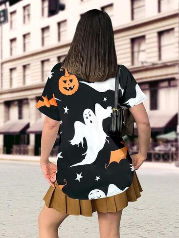 Women Halloween Hawaiian Shirt Skull Floral Ghosts Print Button Down Shirts Holiday Short Sleeve Tops in Saudi Arabia