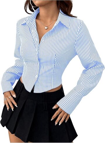 SweatyRocks Women's Striped Button Down Blouses Collar Slim Fit Long Sleeve Crop Tops in Saudi Arabia