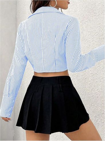 SweatyRocks Women's Striped Button Down Blouses Collar Slim Fit Long Sleeve Crop Tops in Saudi Arabia