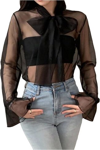 GORGLITTER Women's Sheer Mesh Bow Tie Front Work Blouse See Through Flare Long Sleeve Business Shirt Top in Saudi Arabia